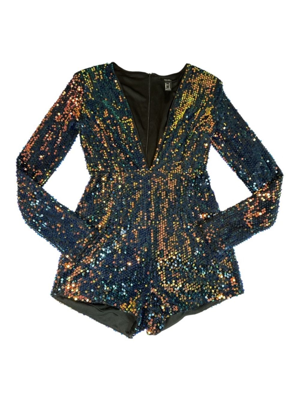 Sequin Romper Small Multicolor Deep V Long Sleeve Party - Picture 2 of 11